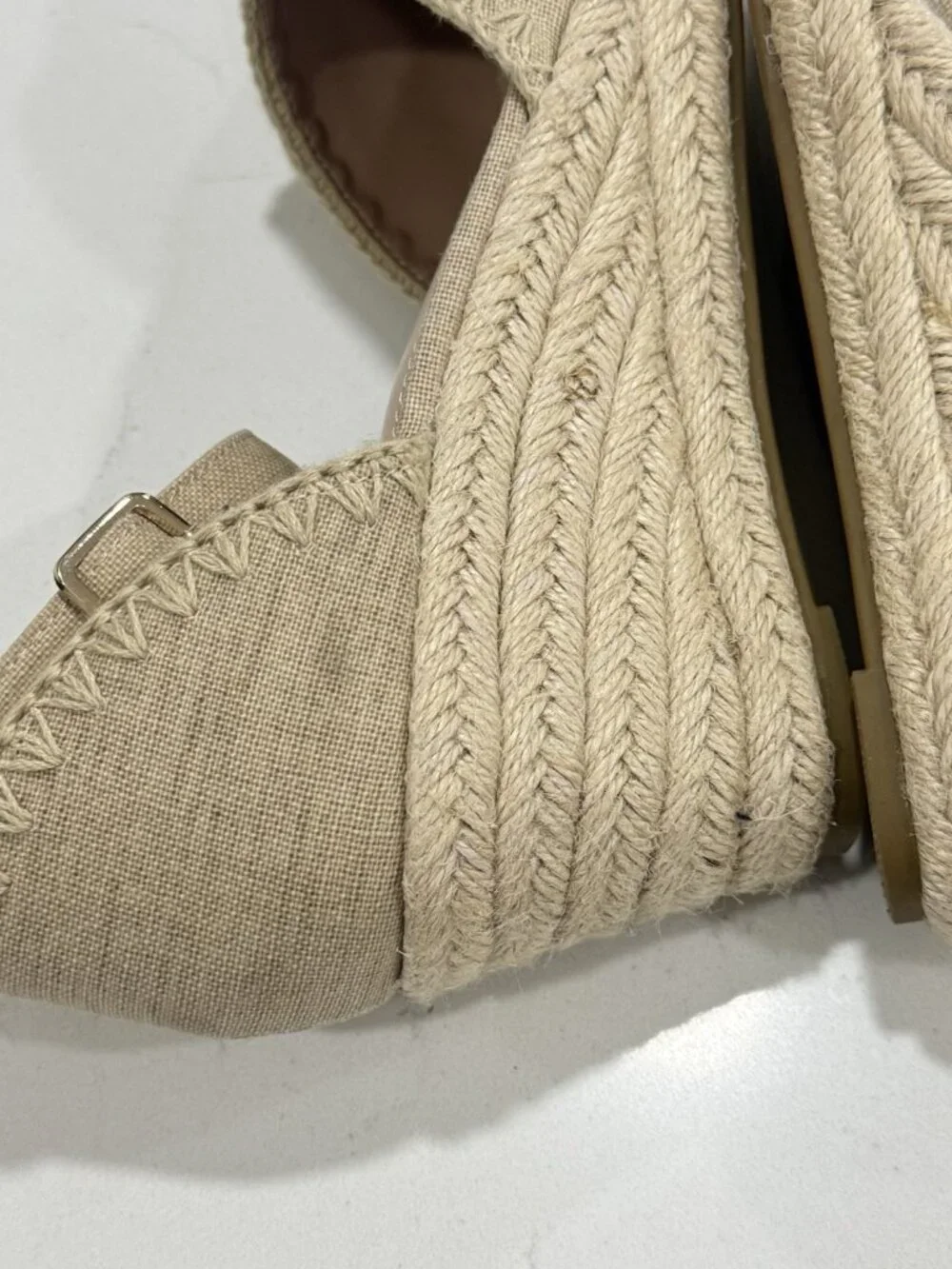 Draper James Tan Canvas Jut Espadrille Wedges Size 8.5 Ankle Wrap Coastal Summer